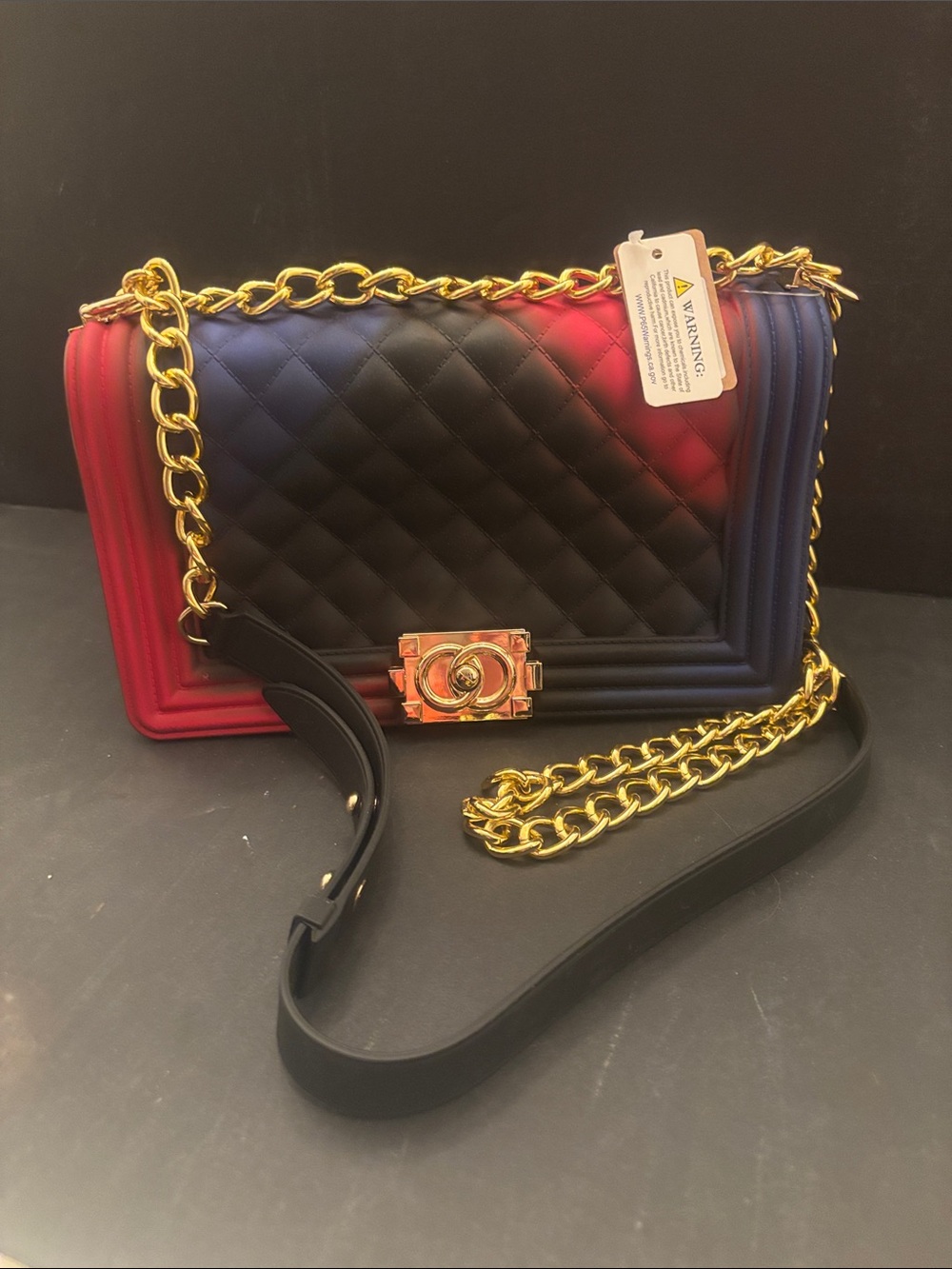 Quilted PVC material Ombre Chain Shoulder Bag - Black Red Blue